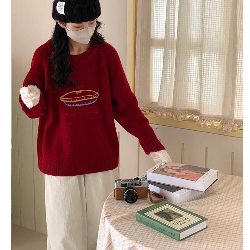 Милый вышитый свитер-пуловер женский осенне-зимний карамельный цвет круглый вырез свободный вязаный свитер топ в стиле колледжа One Size красный 5894₽