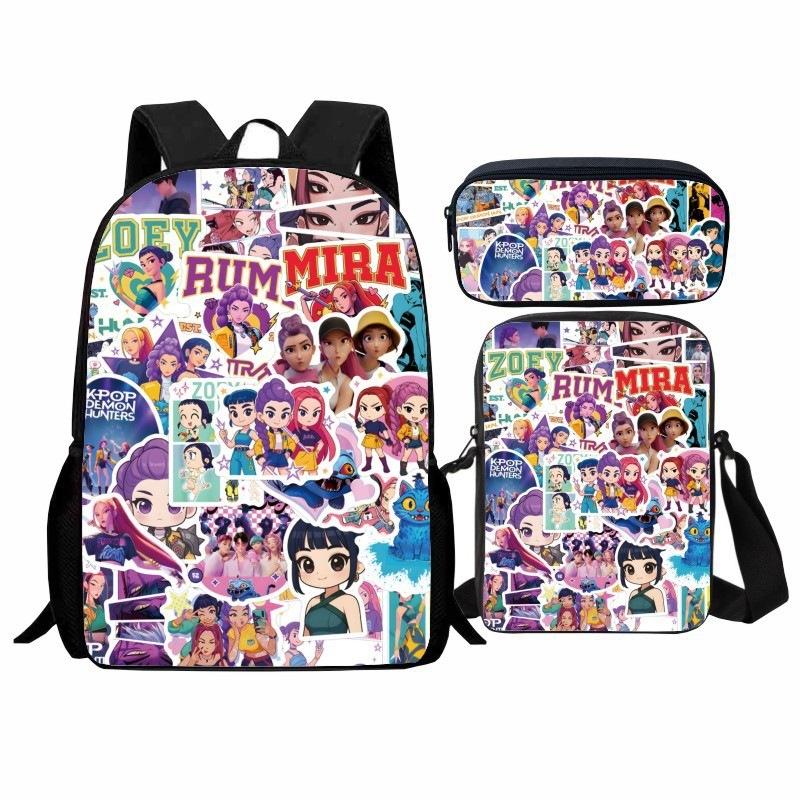 Set Zaino per Studente Gruppo di Ragazze Cacciatrici Kpop 3-in-1 Cartone Animato Borsa Scolastica con Borsa a Tracolla e Astuccio