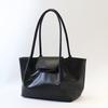 Simple Black Soft Leather Tote Bag Large Capacity Commuter Shoulder Bag with Small Flip Design Office Worker Handbag