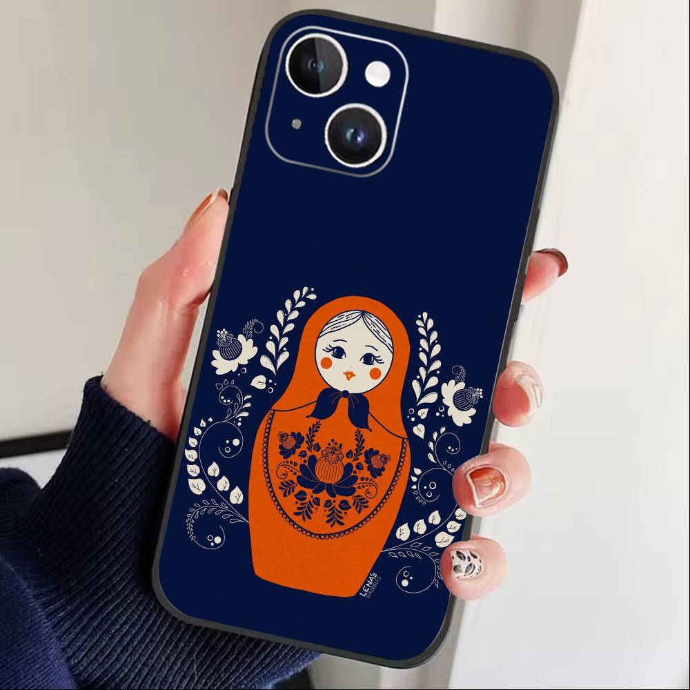 Russian Dolls Matryoshka Phone Case For iPhone17,16,15,14,13,12 Plus,Max Soft Silicone Black Cover