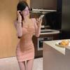 Spring Summer French Square Neck Puff Sleeve Bodycon Dress - Waist Cinched, Slimming Short Skirt