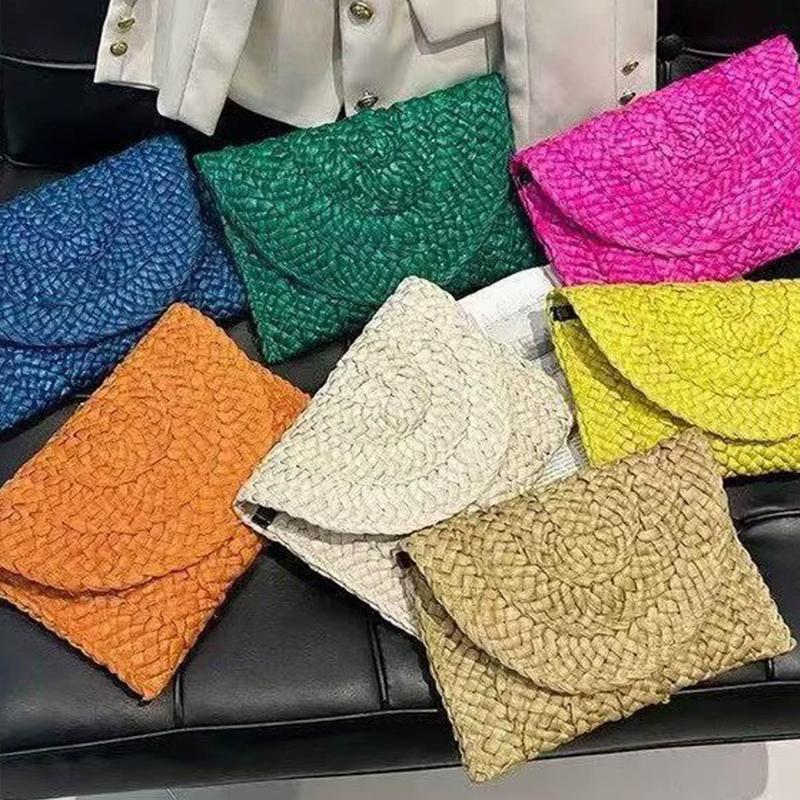 Fashion Beach Purse Women Summer Beach Bag Envelope Woven Clutch Solid Color Large Capacity Storage Bag Corn Husk Straw Hand Bag