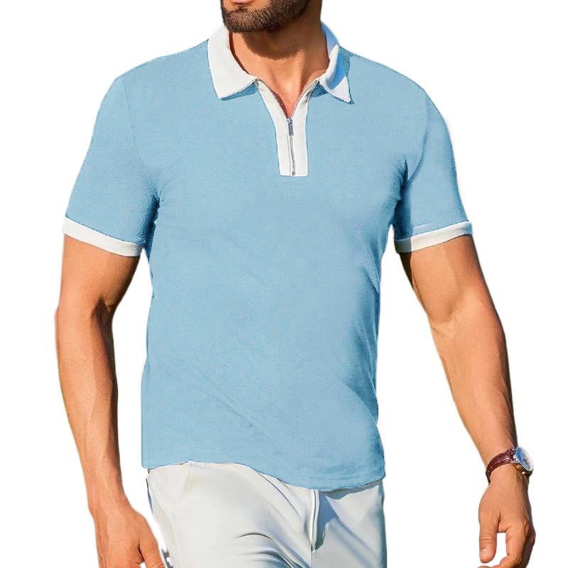 

Летняя новая мужская футболка с коротким рукавом, повседневная футболка с отворотом и полумолнией, модные легкие дышащие мужские топы XXXXXL небесно-голубой