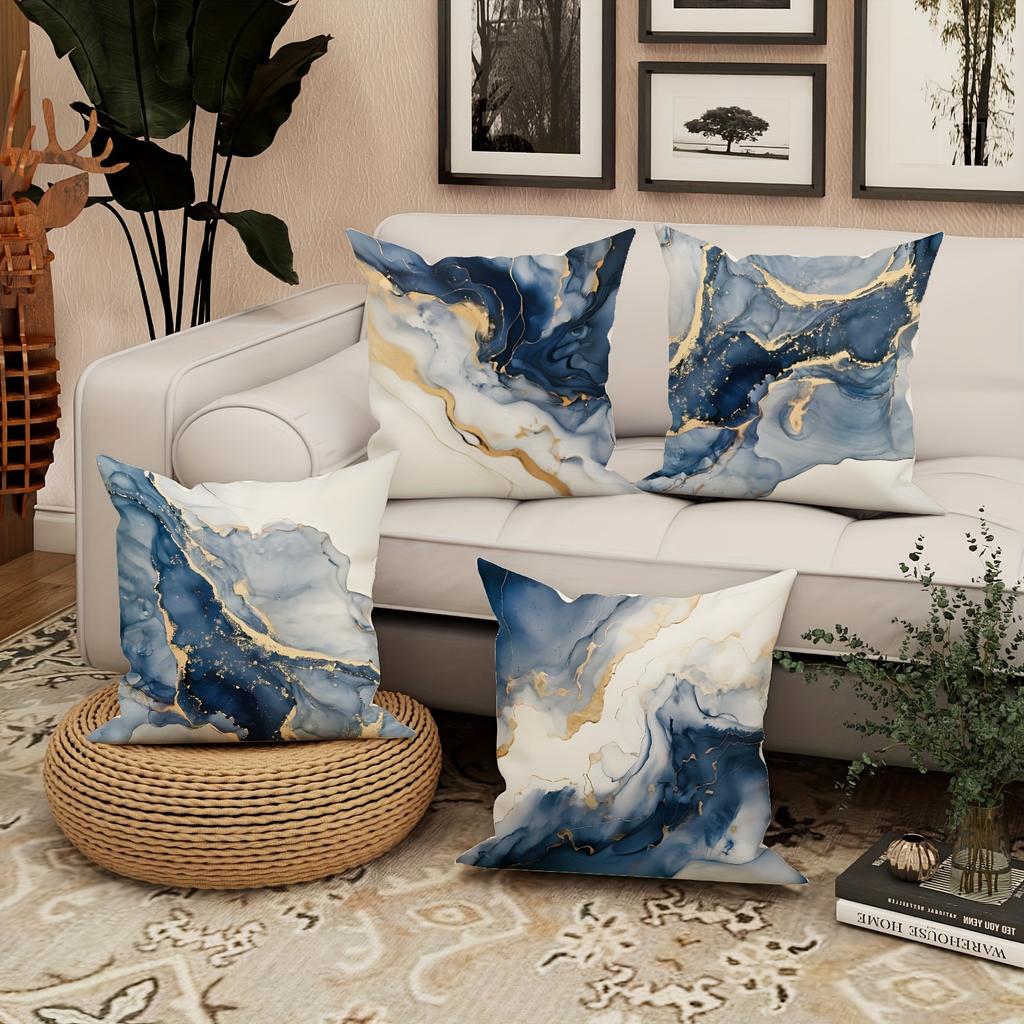 4Pcs Marble Navy Blue Golden Polyester Throw Pillow Covers Modern Abstract Neutral Pillow Covers Decorative Cushion Covers