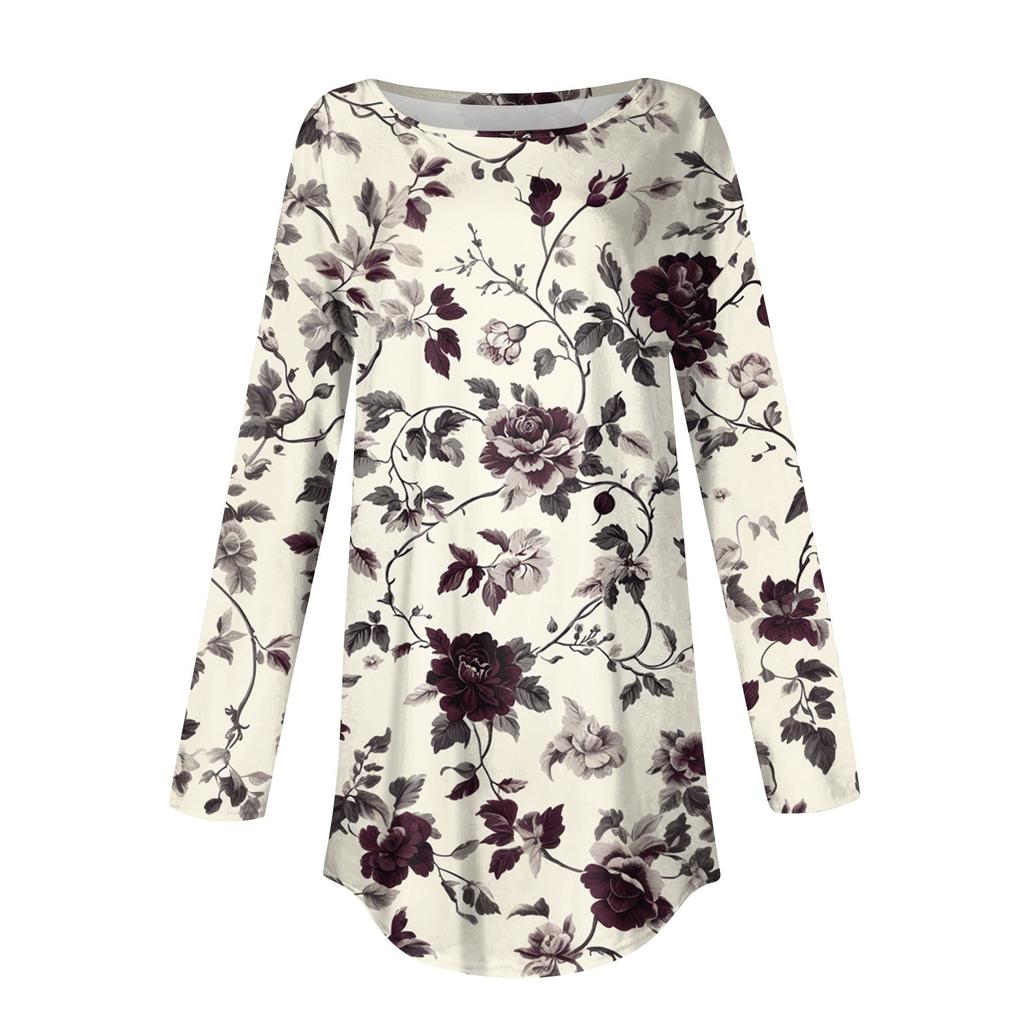 Women's Loose Casual Printed Round Neck Long Sleeved T Shirt Top Pullover Long Sleeved Sweatshirt