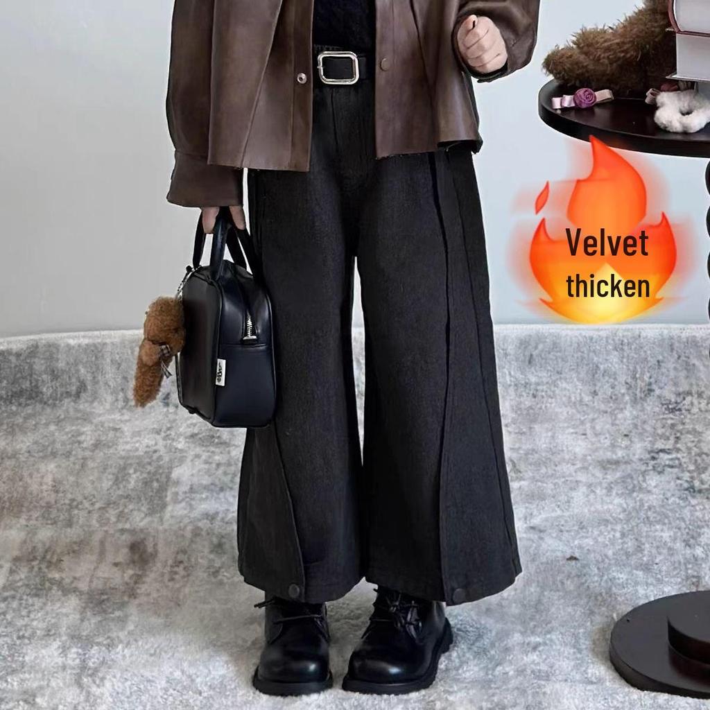 Girls' 2024 Autumn/Winter Sweet Retro Leather Jacket & Sweater Set with Wide-Leg Pants