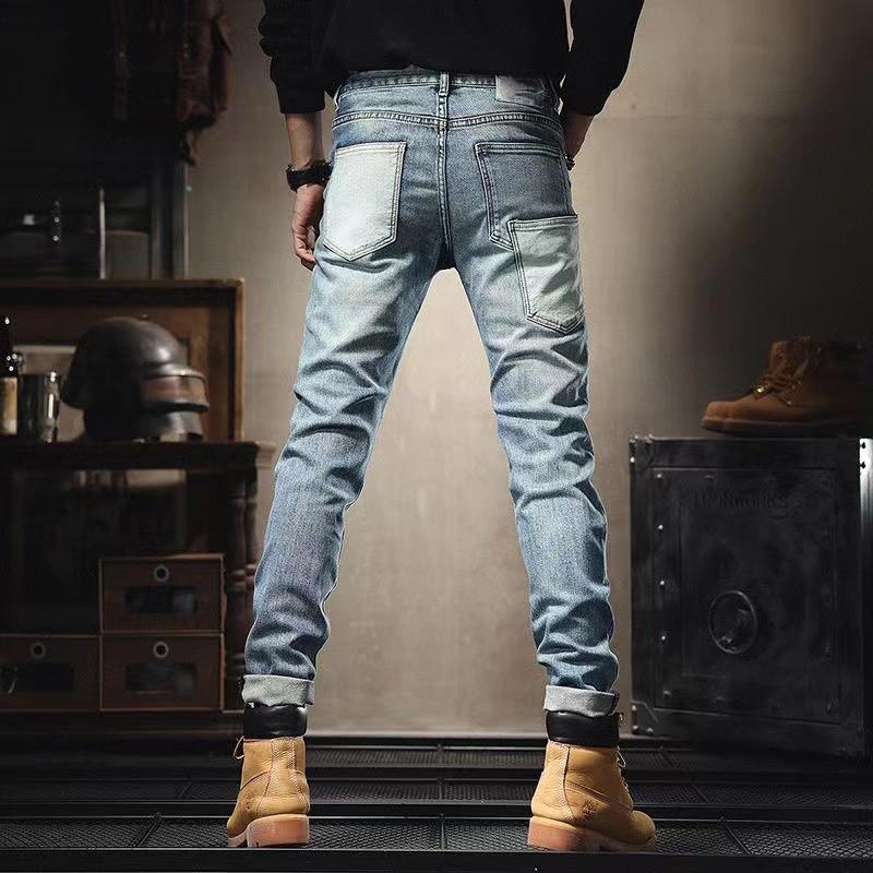 Trendy Brand Patchwork Jeans Men's Personalized Multi-Pocket Trendy Slim Fit Skinny Pants Contrast Color Patch Stretch