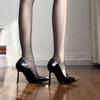 New Black Patent Leather High Heels Women's Thin Heels Metal Square Head Royal Sister Sexy Spring and Autumn Temperament Light Mouth Single Shoes