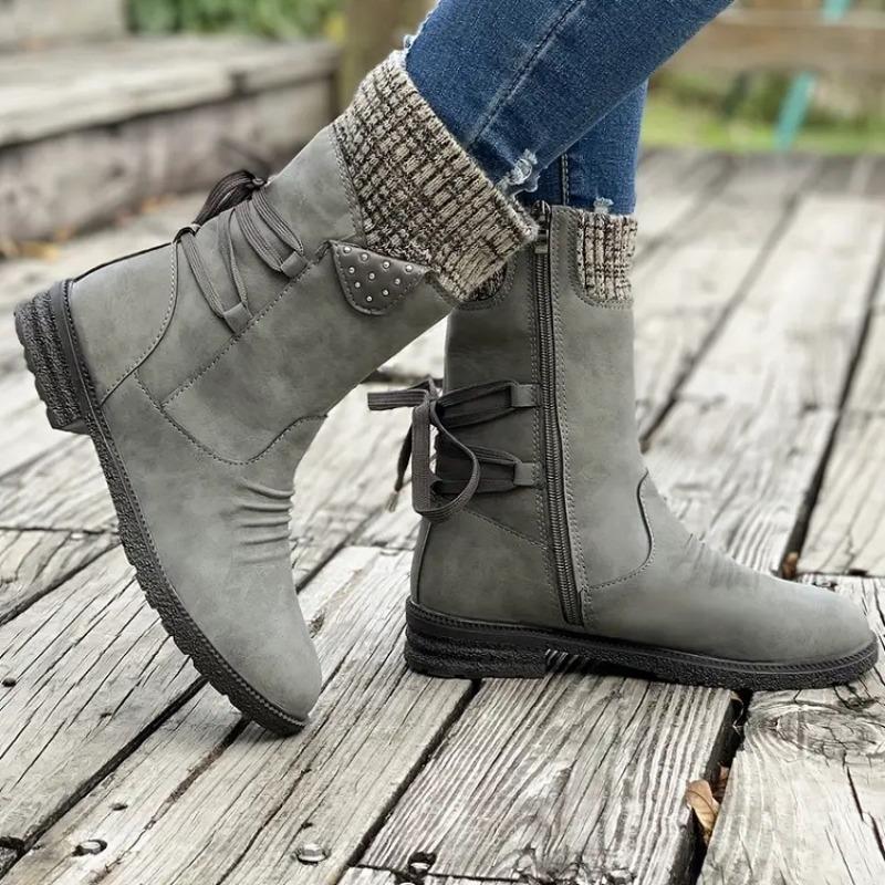 Women's Fall Winter Knitted Cuff Mid-Calf Boots Retro Round Toe Chunky Heel Studded Western Cowboy Boots.
