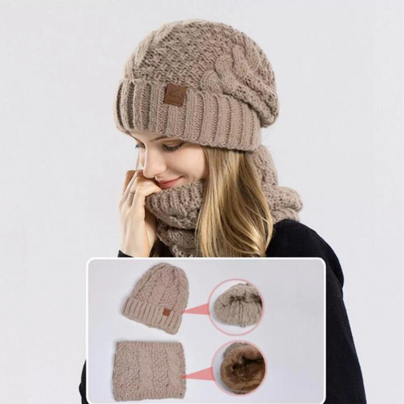 Winter Women Knitted Hat Scarf Set Thickened Fleece Lining Skullcap Outdoor Cycling Warm Wind Protection Beanies
