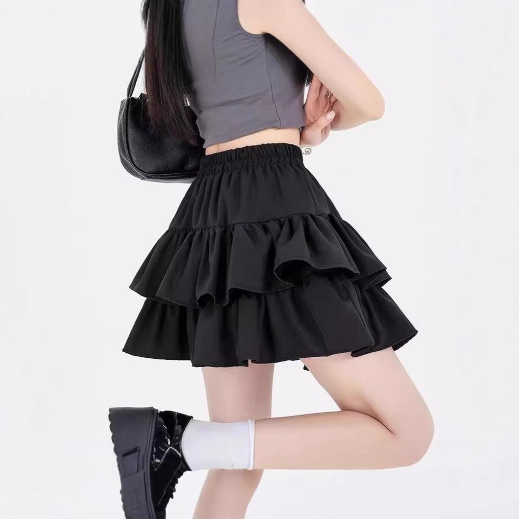 Women's Black Puff Cake A-Line Skirt - High Waist, Anti-Exposure, Slim Fit, Short Summer Skirt