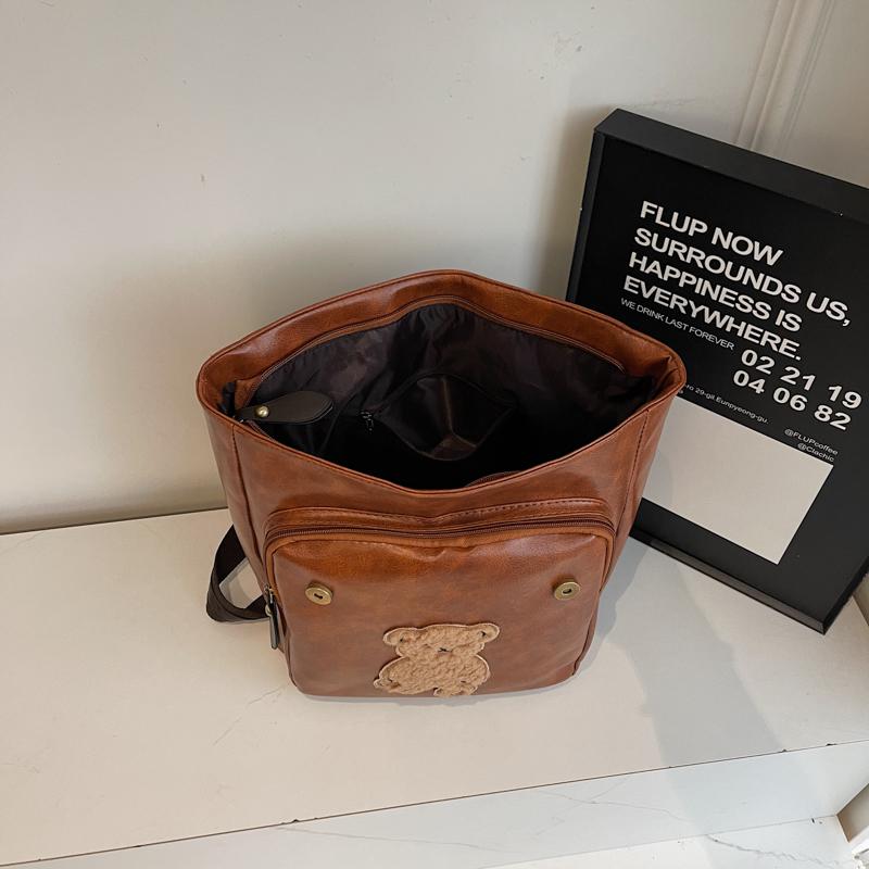 Retro Backpack Women Letter Bear Print Commuter Bag Large Capacity Student School Bag