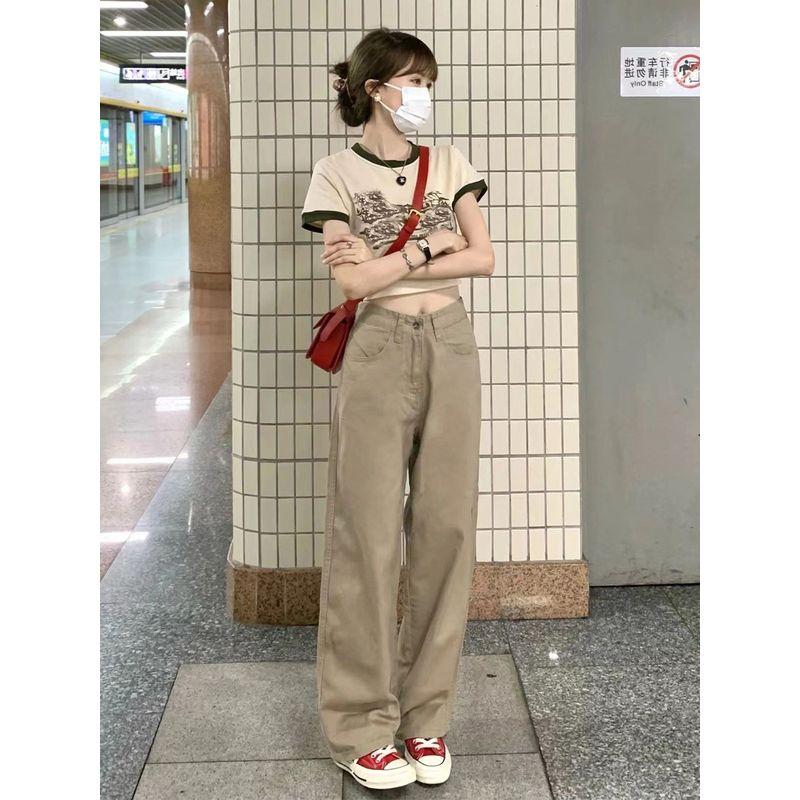 

American Retro Fashion Sexy High Waist Denim Women s Spring & Fall Thin Plus Size Fat Sister Slim Looking Straight Mopping Pants Khaki 4XL [80.00 kg-90.00 kg]]