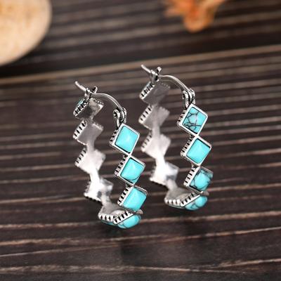 Boho Square Imitation Turquoise Earrings for Women Anti Silver Color Retro Hoop Earrings Anniversary Gift Bohemia Jewelry