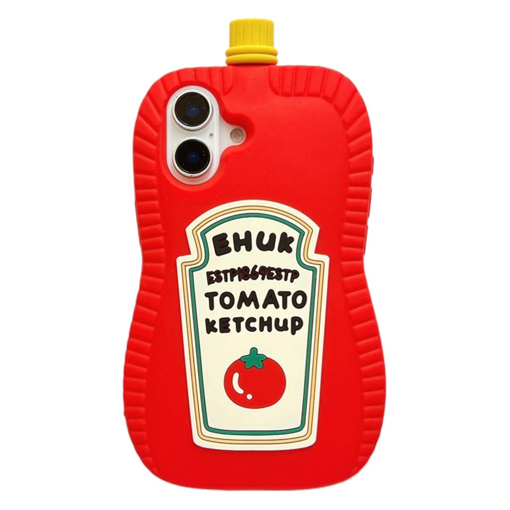 For iPhone 16 Silicone Case Cute Ketchup Bottle Design Shockproof Phone Back Cover