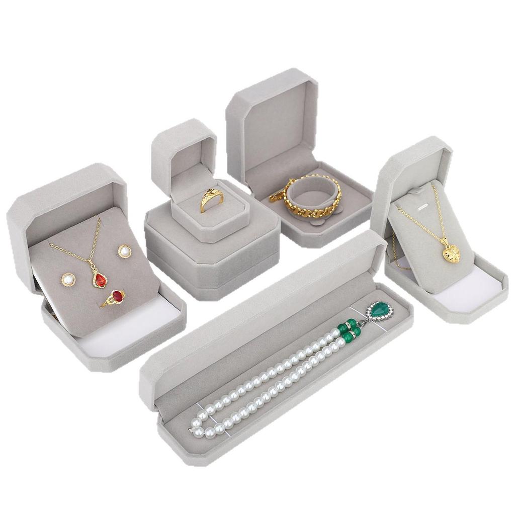 Velvet Gray Octagonal Jewelry Box Set for Rings, Pendants, Bracelets, & Necklaces