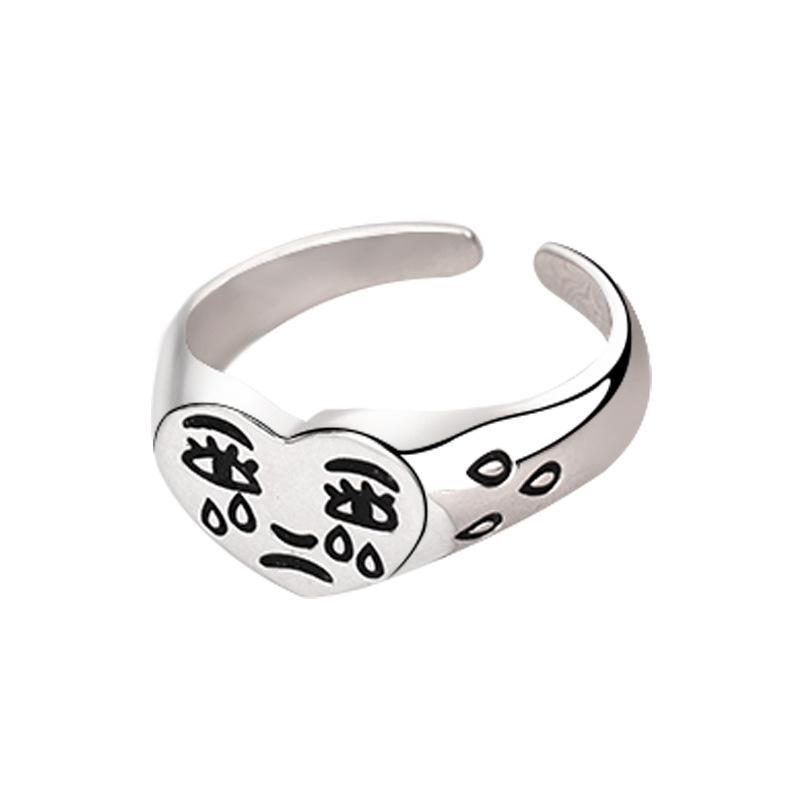 Style Retro Ring, Love Heart, Crying Face Ring, Temperament Tear Point Expression Open Ring