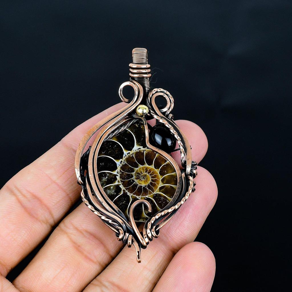 Ammonite Fossil & Black Onyx 999 Copper Wire Wrapped Pendant, Handmade Gemstone Jewelry Pendant For Memorial Day