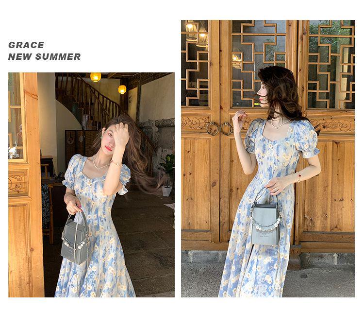 Blue Floral French Square Neck Midi Dress with Waist-Cinching Design