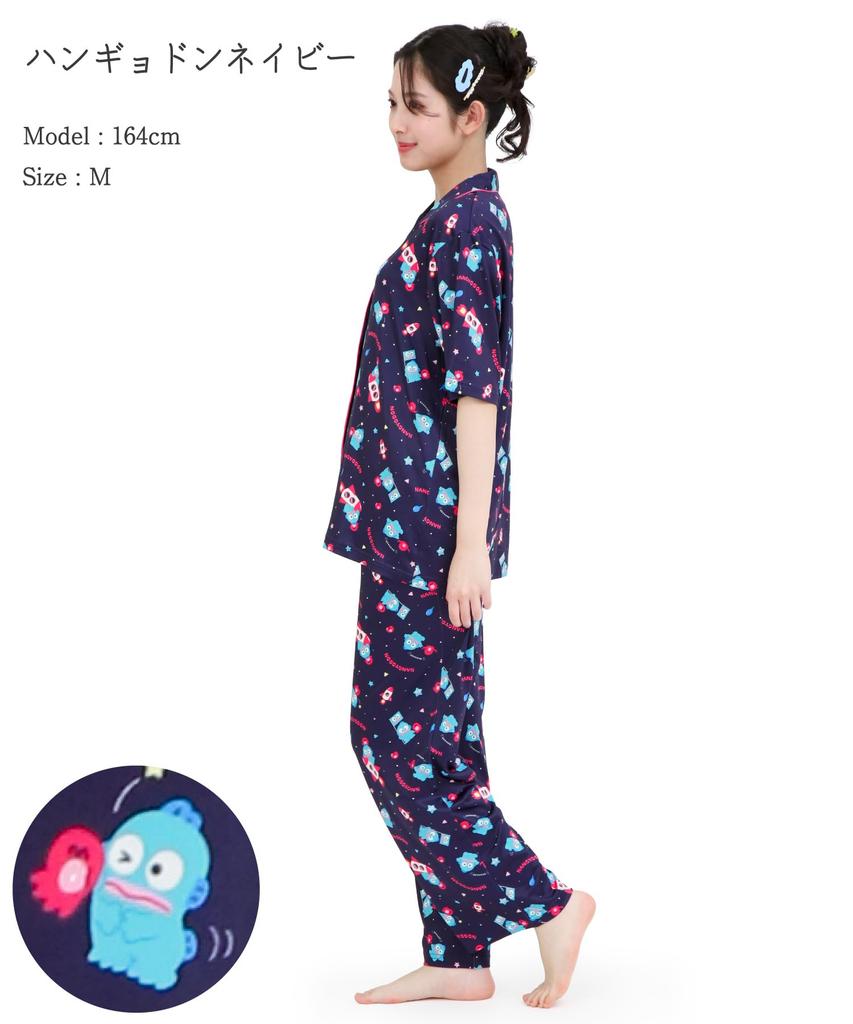 SAZAC Cosmic Hangyodon Shirt Powder Stretch Short Sleeve and Long Pants Loungewear Pajamas, Fabric, Women's Set, (Navy/L/SAN1953)