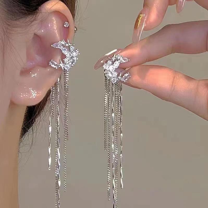Super fairy temperament super flash diamond-set long fringed earrings personalized earbone clip moon zircon earrings