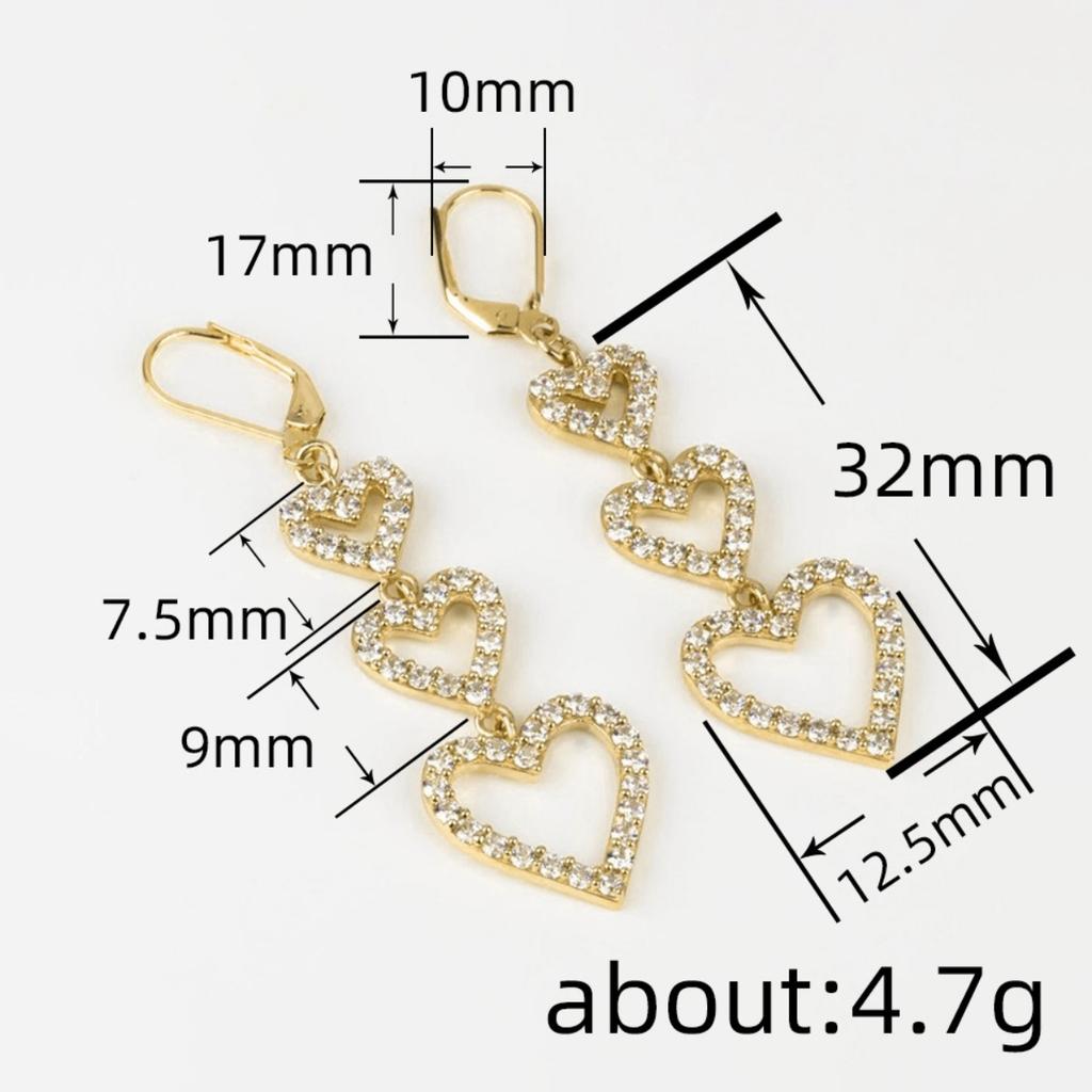 Dreifache Herz-Hängeohrringe für Damen Funkelnde Hohlherz-Ohrhänger Eleganter Liebes-Schmuck für Party tägliches Tragen