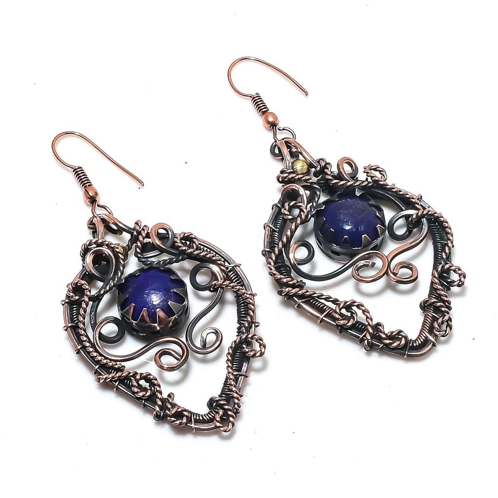Lapis Lazuli 999 Copper Wire Wrapped Earrings, Handmade Gemstone Earrings Jewelry, Gifts For Wife Brand New Earrings
