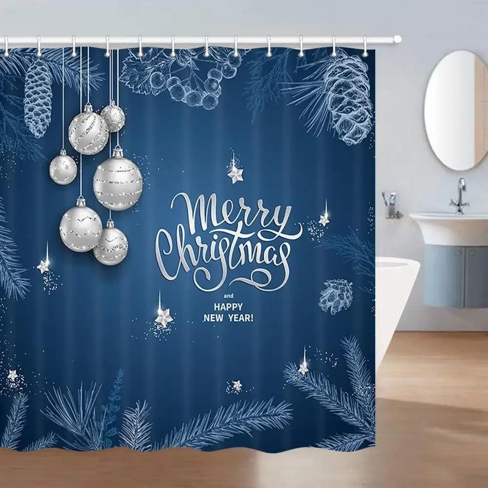 

Синяя Рождественская Занавеска для Душа, Елка Серебряный Рождественский Шар Зимняя Полиэстеровая Ткань Рождественские Занавески для Ванной с Крючками Набор для Декора Ванной Комнаты 90x180cm-35x70in
