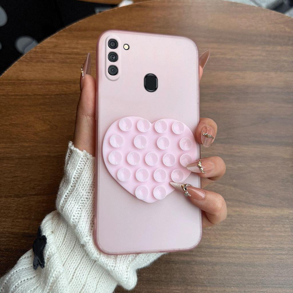Heart Shape Suction Cup Phone Case for Samsung Galaxy A11 Semi Transparent Matte Shockproof Soft TPU Cover