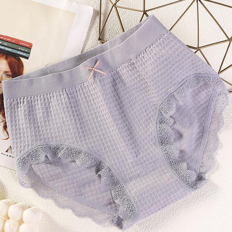 Women's Plaid Lace Edge Seamless Waffle Underwear with Graphene Crotch and Bowknot