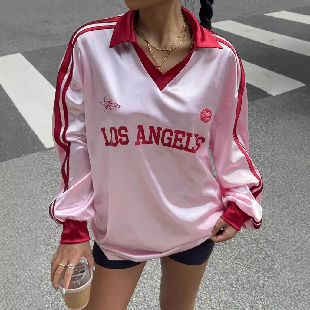 T-shirt Grafica da Donna con Scollo a V, Manica Lunga, Vestibilità Larga, Stampa Numero Lettera, Tunica Larga, Streetwear, Vintage Americano, Camicia Casual