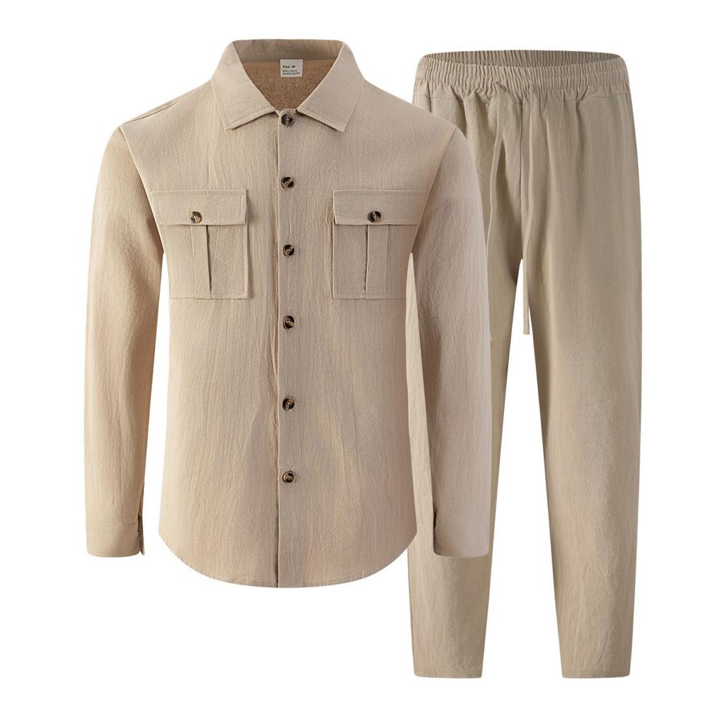 Men's Linen Two-Piece Set with Long Sleeve Shirt and Pants, Turn-Down Collar, Double Pockets, Loose Fit Casual