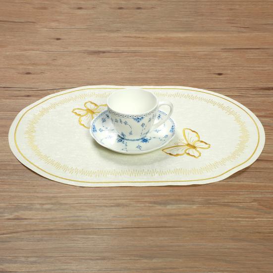 Linen Placemat Embroidery Butterflies Pattern Oval Heat-Resistant Stain-resistant Placemat Dining Accessories