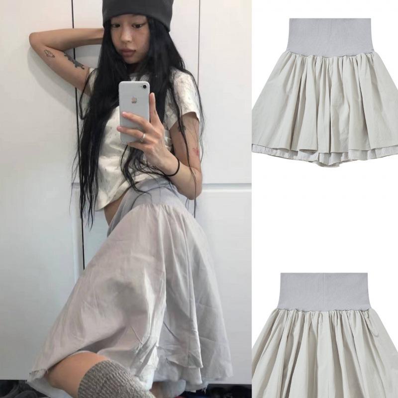 Japanese Niche Double-Layered Ribbed Waist Gray Ballet-Style Fluffy Skirt for Women