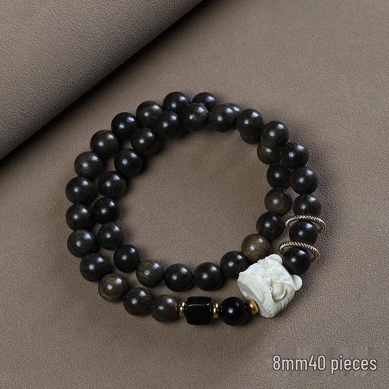 Green Sandalwood Gold Thread Double Wrap Bracelet with Lion Dance Ring - Wooden Buddhist Beads, Chinese Style Couple Accessory
