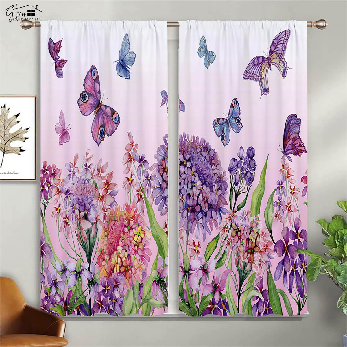 

Butterfly Dragonfly Flower 3D Printing Curtain Tulip Hydrangea Violet Fresh Along with Natural High Quality Room Darkening Curtain W100xH130(CM) folio&Rod pocket