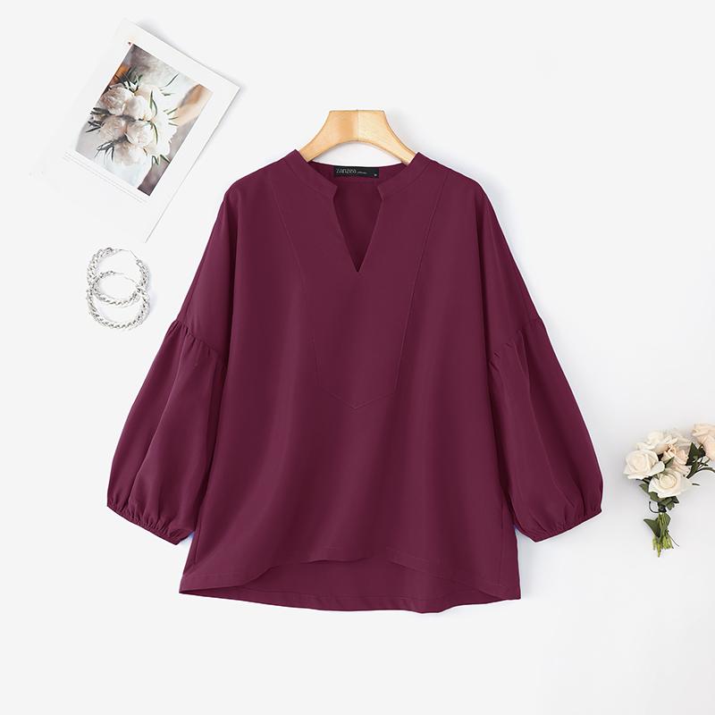 ZANZEA Women Casual V-Neck Solid Color Loose 3/4 Sleeve Blouse