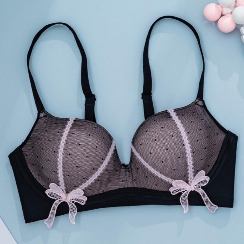 Seamless Girly Bow Lace Gathered Bra with Thin Top and Thick Bottom Side Lift and Anti-sagging Bra