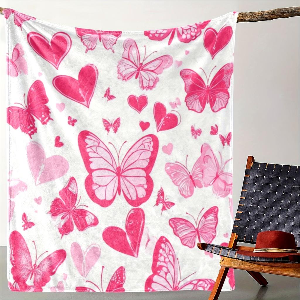 Purple Butterfly Rose Floral Throw Blanket, Soft Cozy Flannel Blanket, Romantic Home Decor Gift for Couch Bed