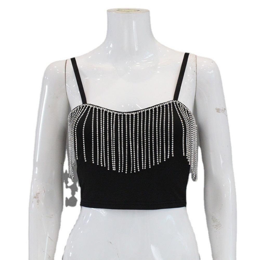 Women s Spaghetti Strap Crop Top Sweetheart Neck Rhinestone Fringe Sparkly Sleeveless Night Club Bustier Cami S
