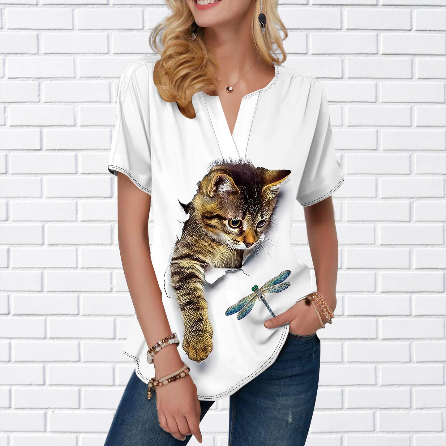 Женская летняя футболка с принтом «бабочка-кошка» — фото 4