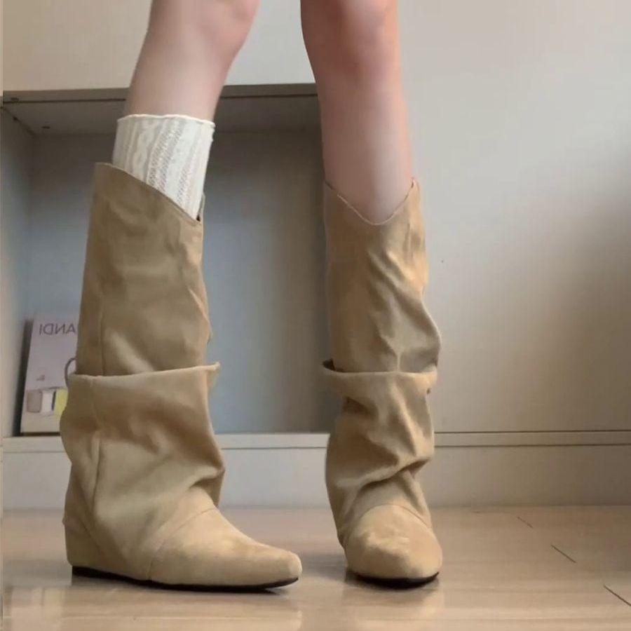 G5U Lammfell Spitzzehen Geraffte Overknee Westernstiefel für Damen
