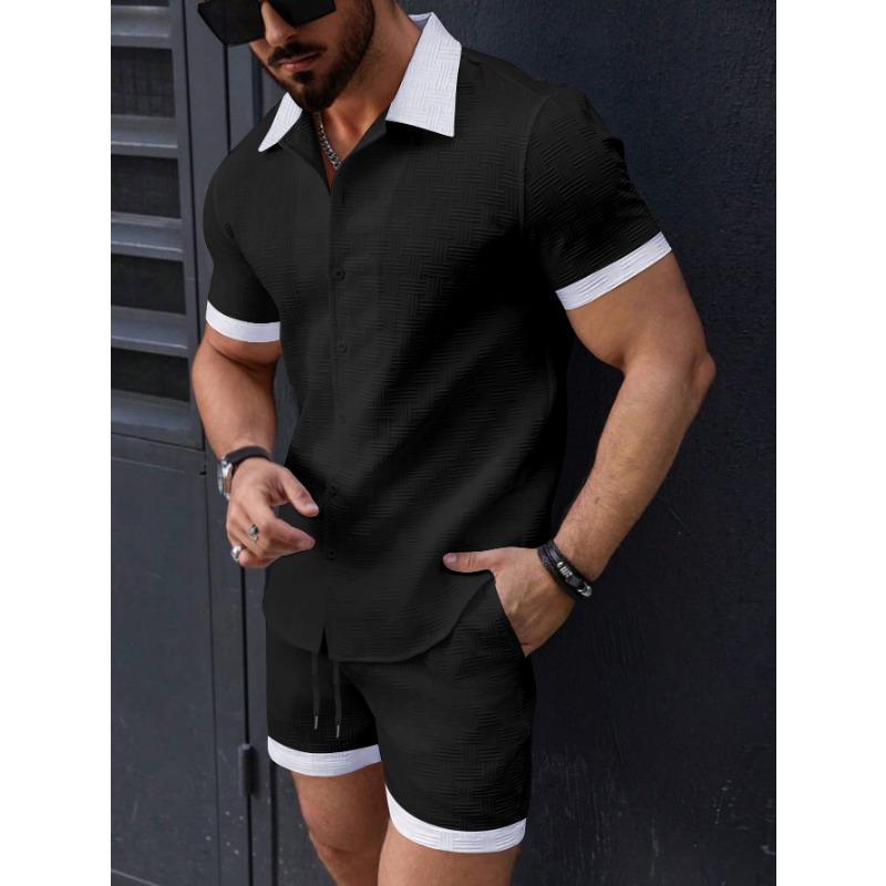 Set da Spiaggia Due Pezzi da Uomo Casual a Blocchi di Colore con Maniche Corte e Pantaloncini
