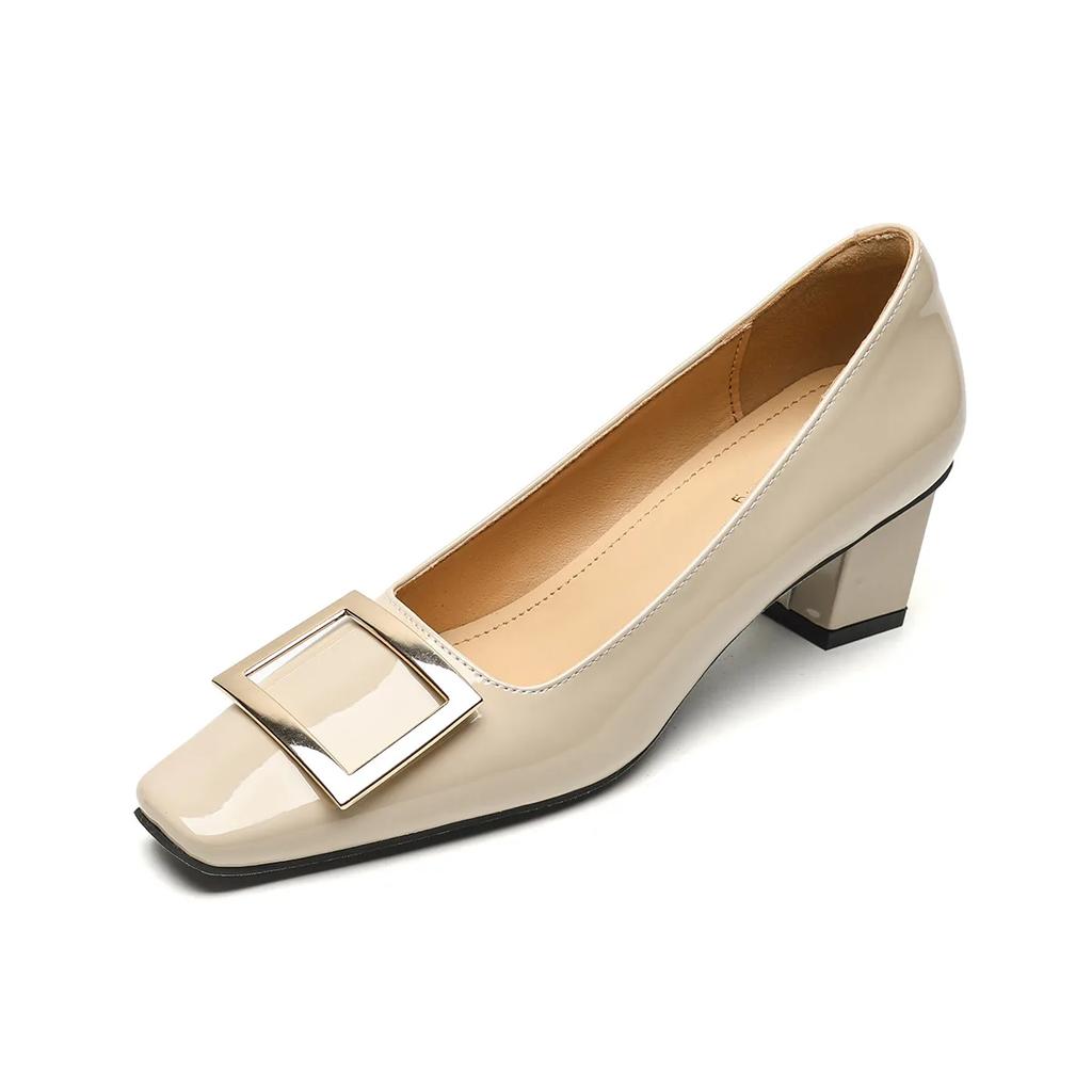 2024 New Women 2cm Low Heels Wedding Shoes Female Fashion Metal Square Buckle Shoes Lady Patent Leather Barefoot Goddess Pumps