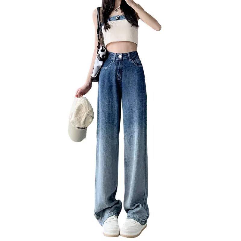 2024 Summer Women's Gradient Wide-Leg High-Waisted Jeans - Thin, Straight, Loose, Floor-Length