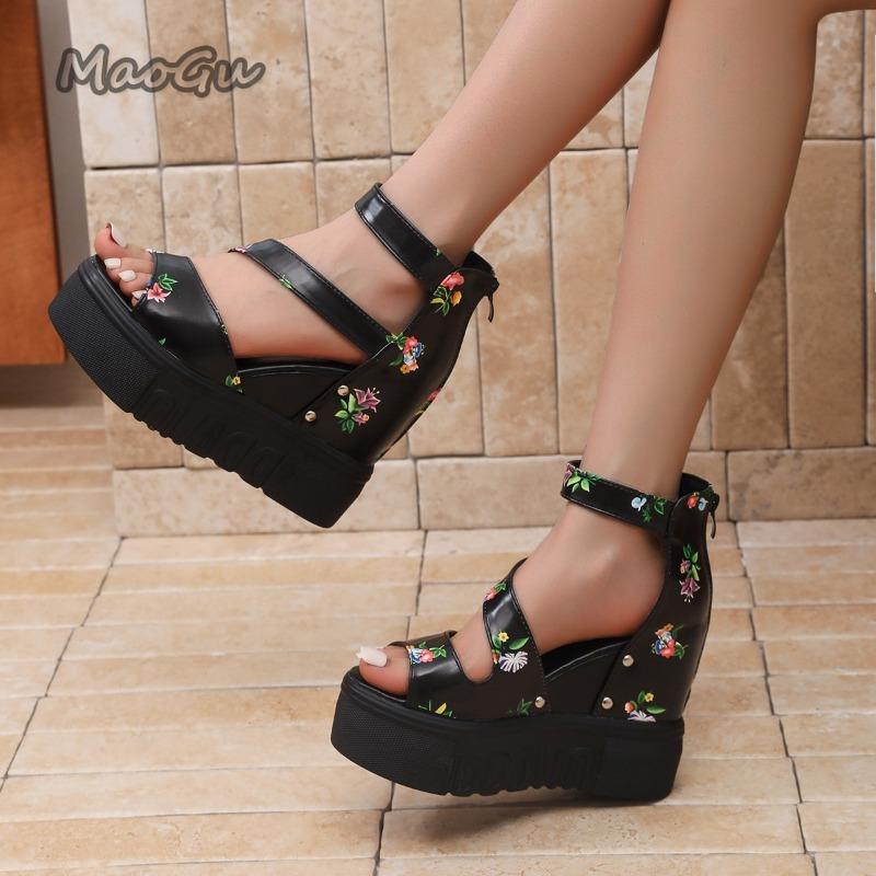 Fashion Floral Print Women Platform Sandals Black White PU Leather Women's Fish Mouth Back Zip Summer Footwear Sandalias De Mujer Size35