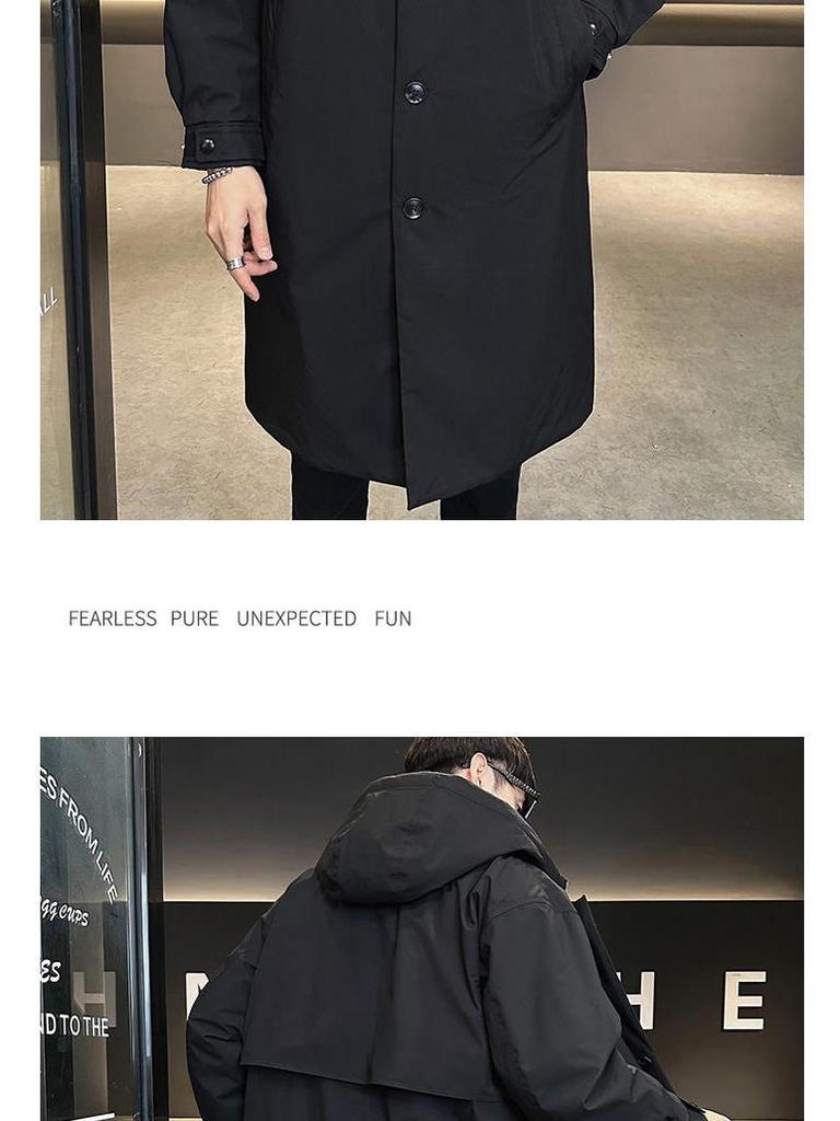 Men's Winter Hooded Mid-Length Down Jacket, Faux Two-Piece Windbreaker, Trendy Thickened Plus-Size Coat