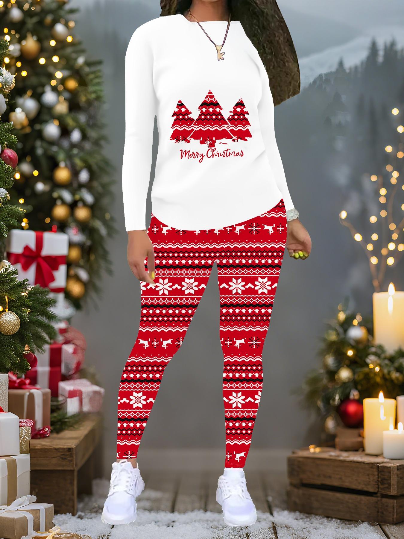

Женский рождественский костюм-двойка с принтом: Топ с длинным рукавом и круглым вырезом и брюки, праздничный лимитированный повседневный костюм для вечеринки в подарок XXL белый