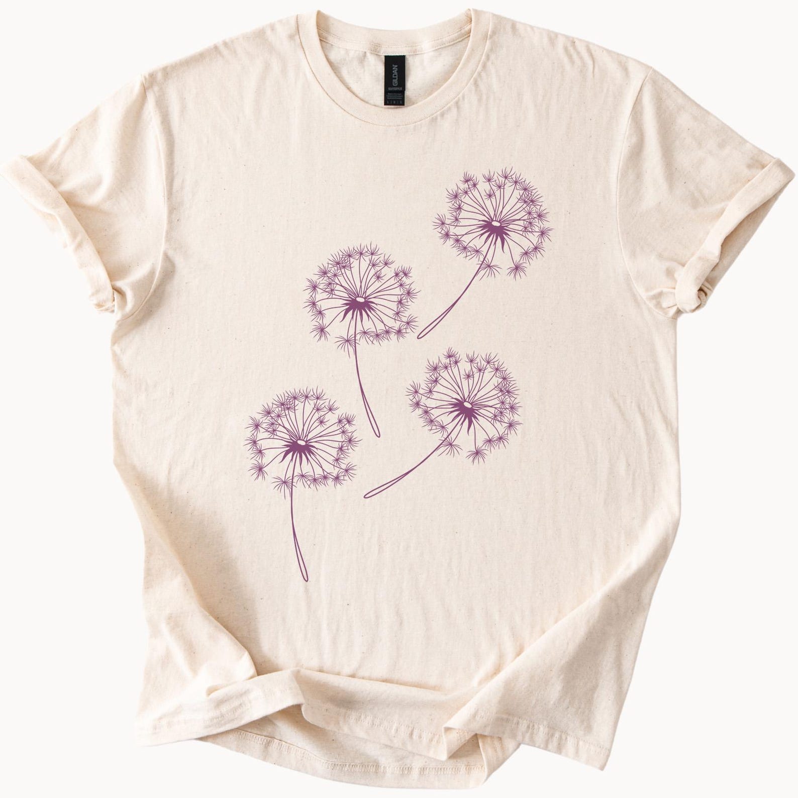 Minimalist dandelion flower graphic shirt pastel purple botanical art tee nature theme casual top 130