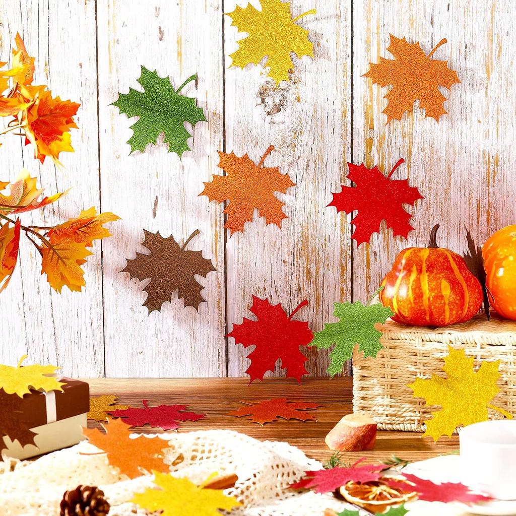 Demissle Thanksgiving Fall Leaves Bulletin Board Decorations Leaf Cutouts Glitter Maple with Adhesive Dots for Bulletin Board Classroom Decor(100